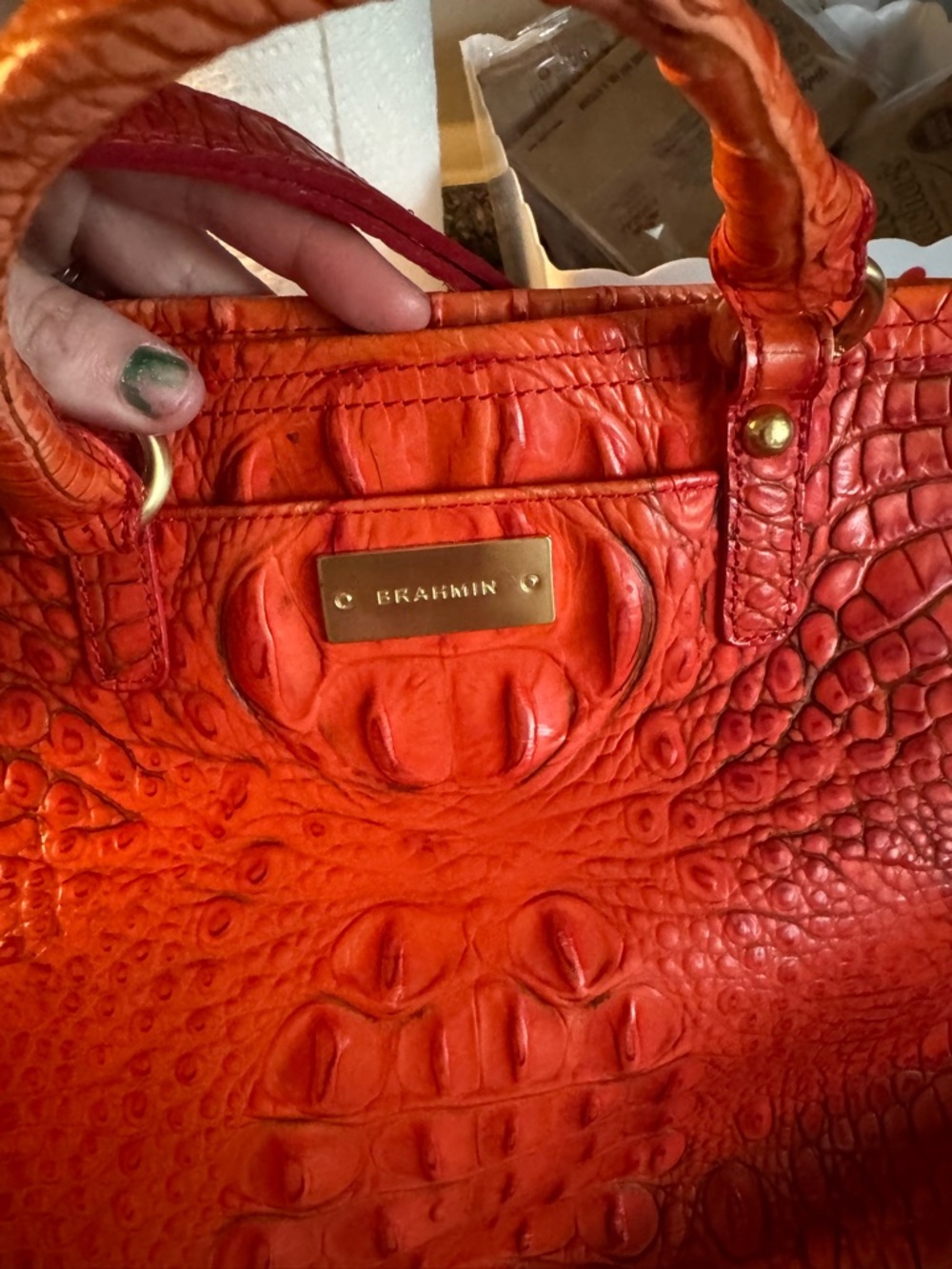 Brahmin Bright Orange Croc-Embossed Leather Satchel - Picture 2 of 15